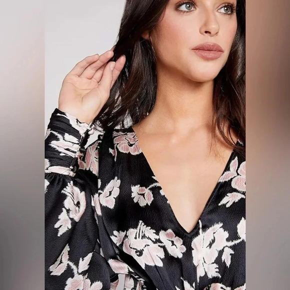 NWT Cinq à Sept Yesenia Floral Tie-Front Silk Blouse Black/ Blush Pink - Picture 5 of 11